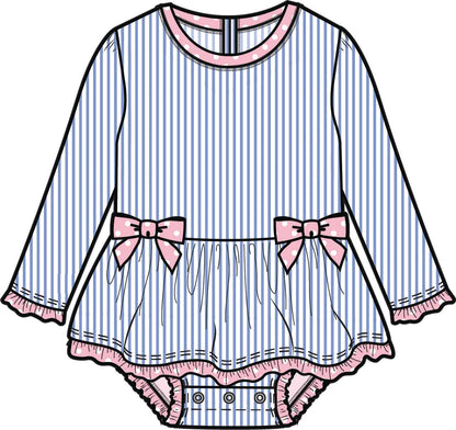 Rufflebutts Baby Girls Periwinkle Blue Seersucker Long Sleeve One Piece Bow Peplum Rash Guard Swimsuit with Signature Rear Ruffles