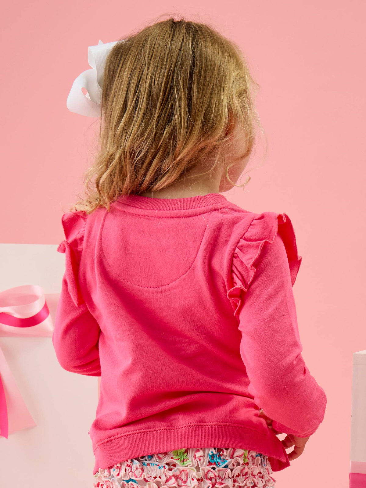 Rufflebutts Christmas Tree Hot Pink Bow Applique Flutter Sweatshirt/Flare Pant Set