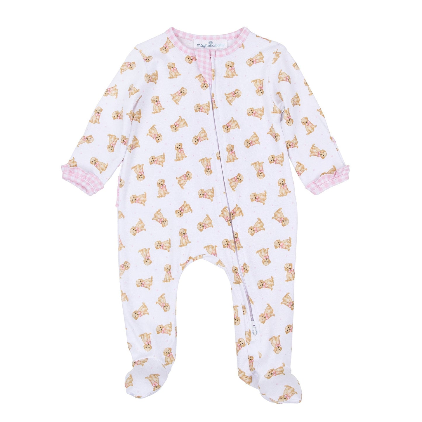 Magnolia Baby Sweet Golden Print Ruffle Zip Footie - Pink
