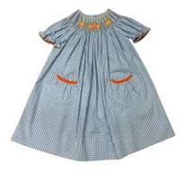 Delaney Girls Blue Gingham SS Smocked Orange/Blue Pumpkins Bishop Dress