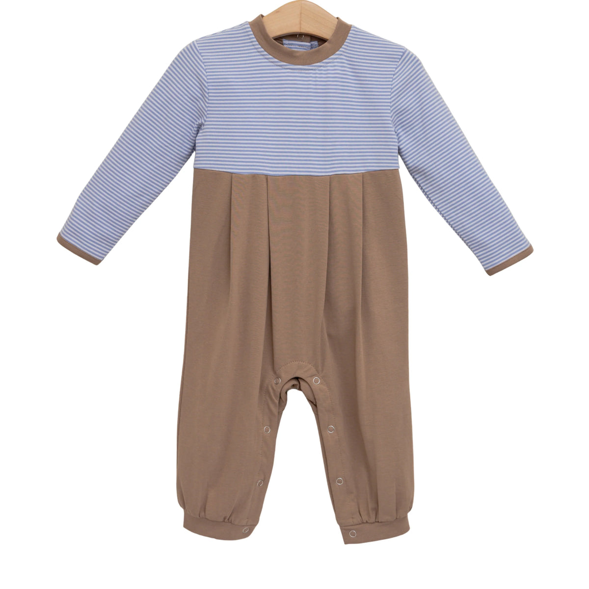 Trotter Street Preston Romper--Dusty Blue Stripe/Brown