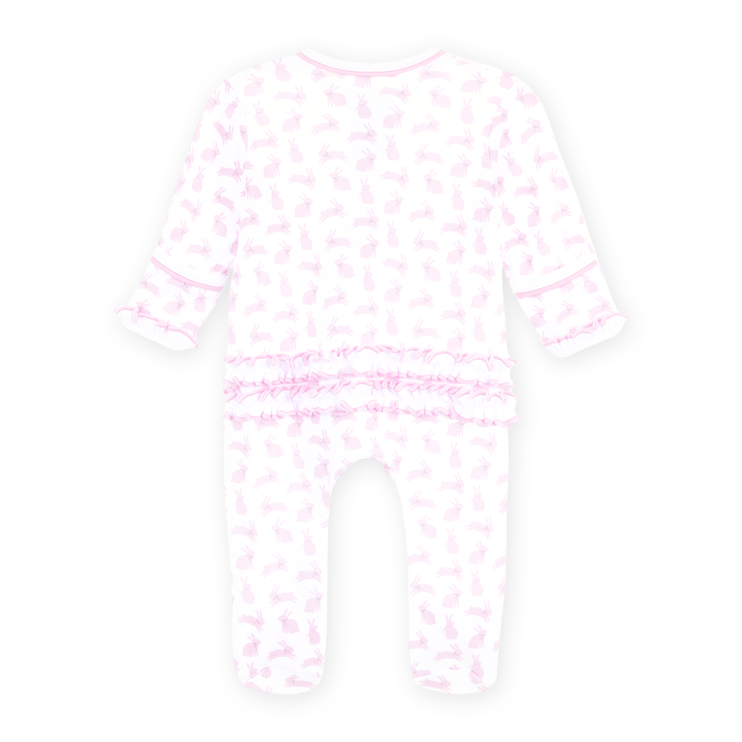 Magnolia Baby Leaping Bunnies Print Ruffle Zip Footie - Pink