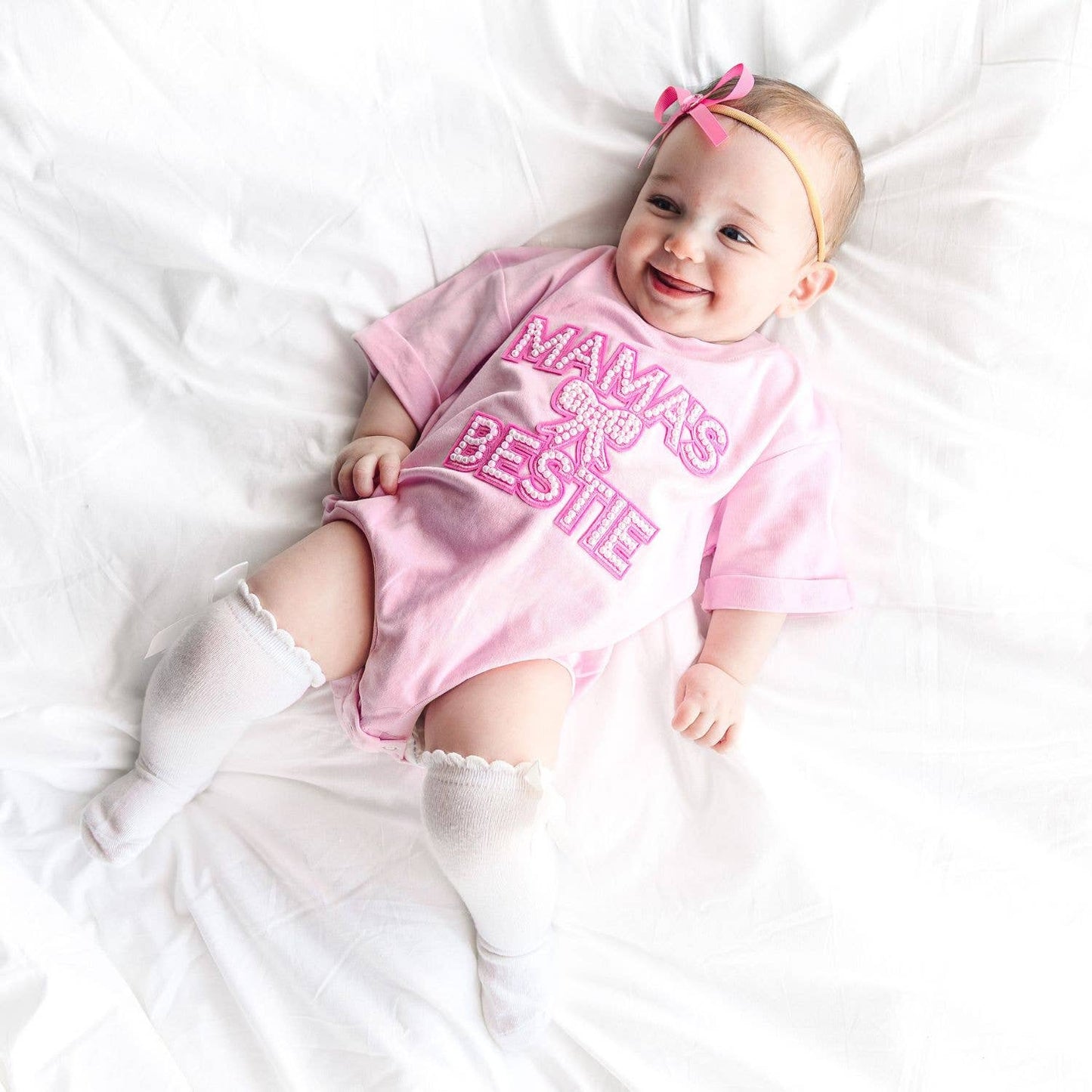Sweet Wink Mama's Bestie Pearl Patch Short Sleeve Romper--Mother's Day