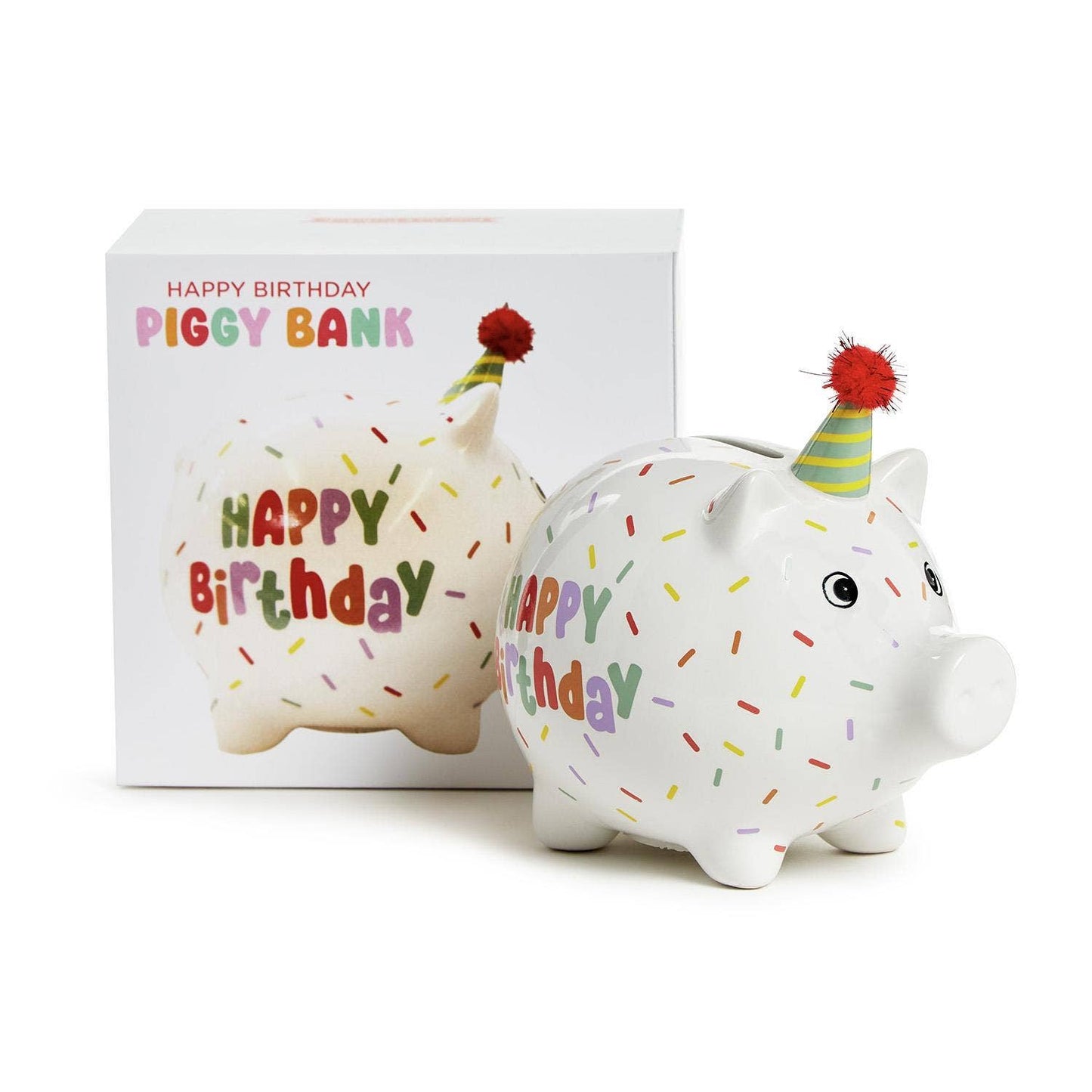 Two's Company Happy Birthday Confetti Piggy Bank with Pom Pom Hat
