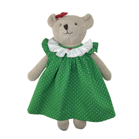 Petit Ami Knit Bear Doll with Green Dot Dress