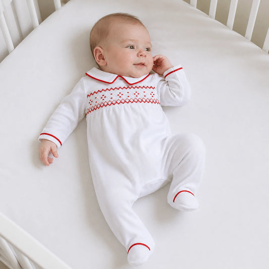 Magnolia Baby Henry Smocked Footie--White/Red