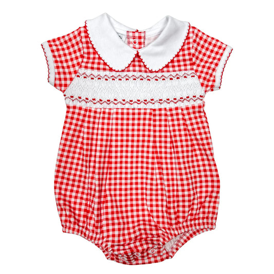 Magnolia Baby Red MInichecks Smocked Collared Short Sleeved Boy Bubble