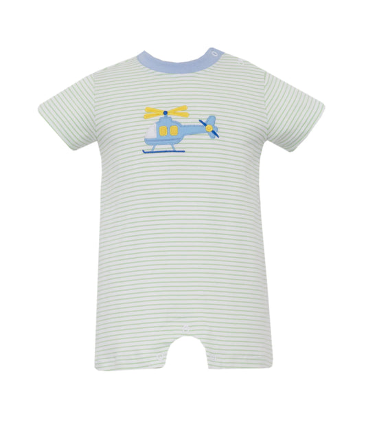 Claire and Charlie Helicopter Light Green Striped Boy's Romper