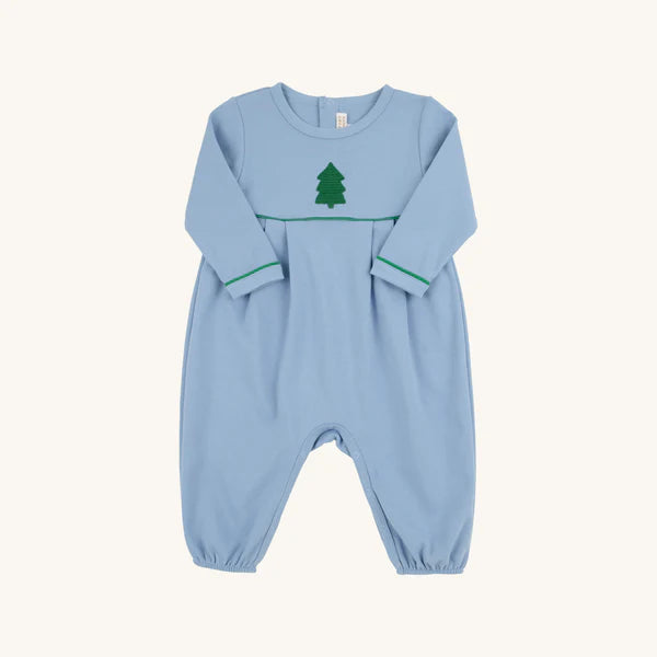 Beaufort Bonnet Long Sleeve Bradford Romper Barrington Blue with Kiawah Kelly Green & Christmas Tree Embroidery