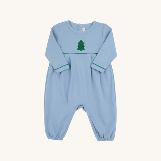 Beaufort Bonnet Long Sleeve Bradford Romper Barrington Blue with Kiawah Kelly Green & Christmas Tree Embroidery