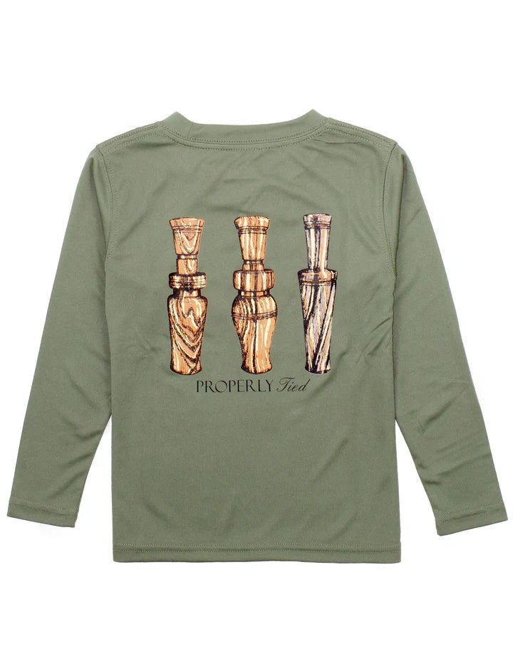 Properly Tied Boys Performance Tee Long Sleeve Duck Calls--Olive