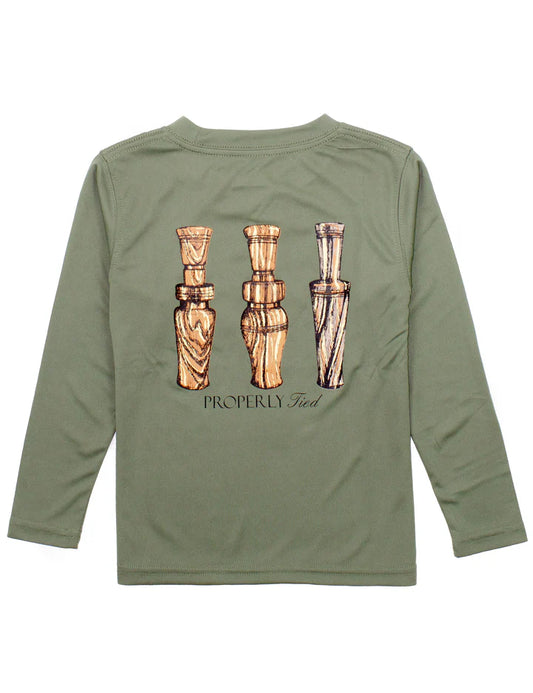 Properly Tied Boys Performance Tee Long Sleeve Duck Calls--Olive