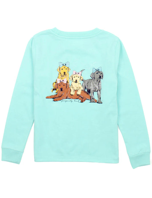Properly Tied Girls Puppy Pile Long Sleeve Seafoam T-Shirt