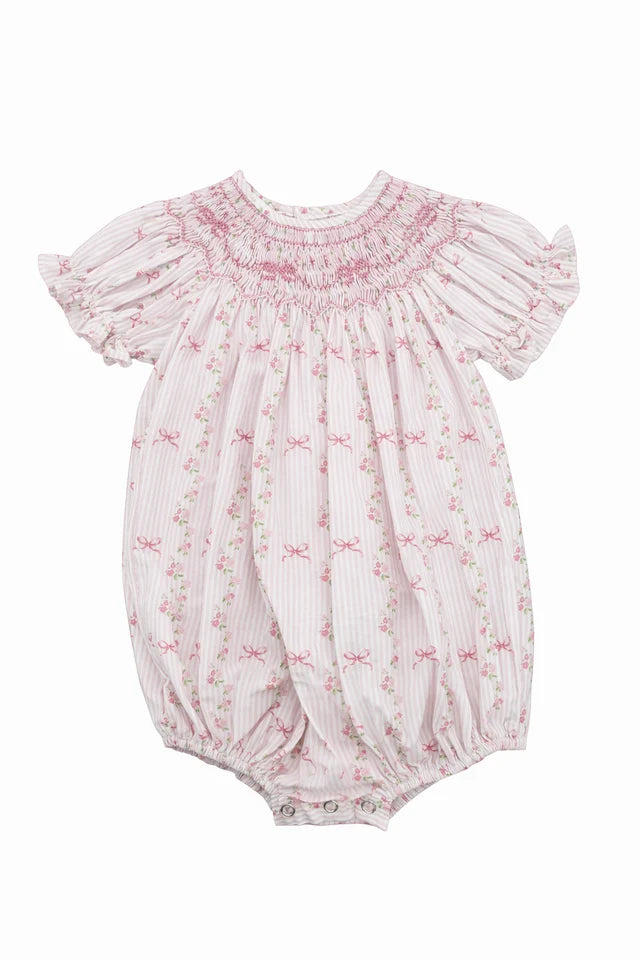 Sweet Dreams Britney Pink Stripe Bow Smocked Floral Bubble