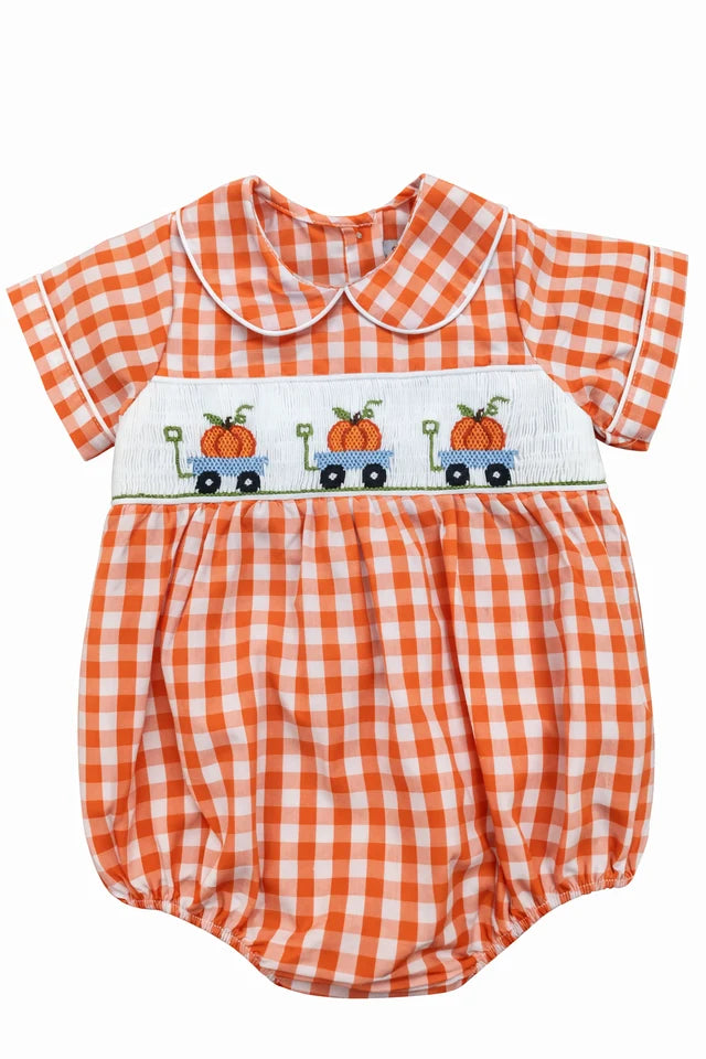 Sweet Dreams Pumpkin Smocked Orange Gingham Boy Bubble