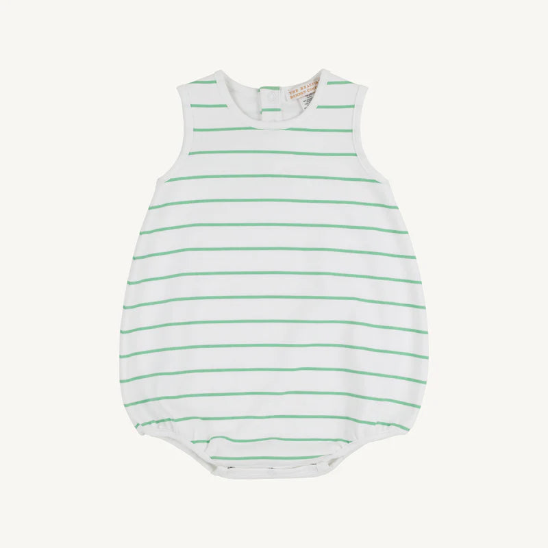 Beaufort Bonnet Prim and Proper Polo Onesie--Gibson Island Green Stripe