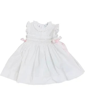 LuLu Bebe Rose Classic Smocked  Ruffle Collar Dress with Pink Ribbons