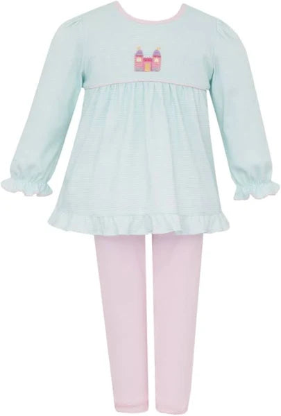 Petit Bebe Princess Castle Aqua Stripe Long Sleeve Girl's Knit Tunic Set