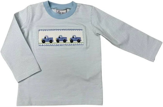 Delaney Boys Blue White Stripe Smocked Truck Long Sleeved Shirt