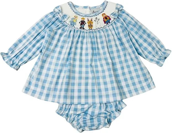 Delaney Girls Blue White Gingham Ice Friends Ruffle Collar Bloomer Set