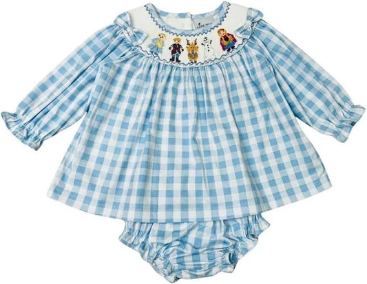 Delaney Girls Blue White Gingham Ice Friends Ruffle Collar Bloomer Set