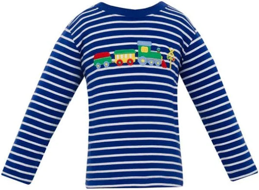 Claire and Charlie Train Royal Blue Knit Stripe Boys Long Sleeve T-Shirt