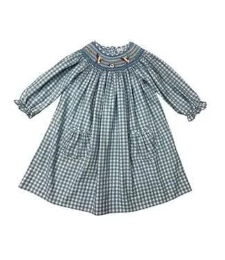 Delaney Girls Teal Check Smocked Mallard Ducks Long Sleeve Bishop Dress
