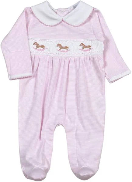 Baby Loren Pink Rocking Horse Hand Smocked Pima Footie