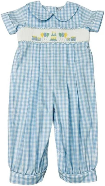 Delaney Boys Blue Check Smocked Birthday Cake Long Romper
