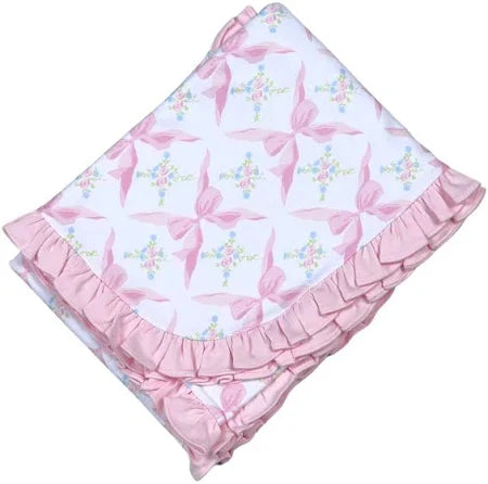 Baby Loren Pink Bows Pima Ruffles Receiving Blanket