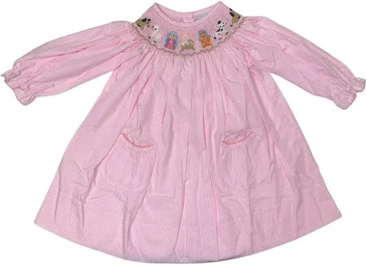 Delaney Girls Long Sleeve Pink Small Gingham Smocked Nativity Bishop Dress