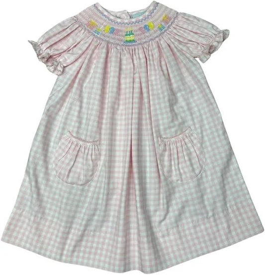 Delaney Girls Pink Check Short Sleeved Smocked Birthday Cake Bishop Dress