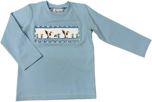 Delaney Boys Teal Knit Long Sleeve Smocked Mallard Ducks Shirt