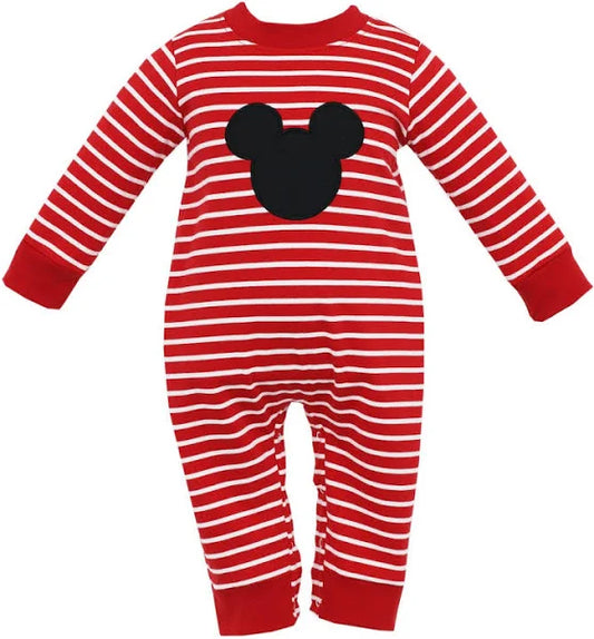 Claire and Charlie Mickey Red Knit Stripe Boys Long Sleeve Romper