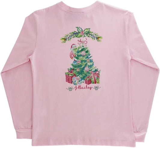 Bailey Boys Long Sleeve Girls Logo Tee, Santa Tree on Pink