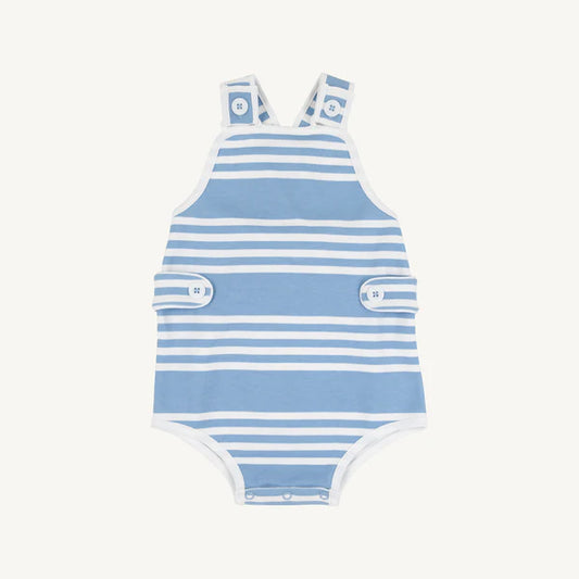 Beaufort Bonnet Skipper Sunsuit--Saddle Ridge Stripe (Sarasota Sky)/Worth Ave White