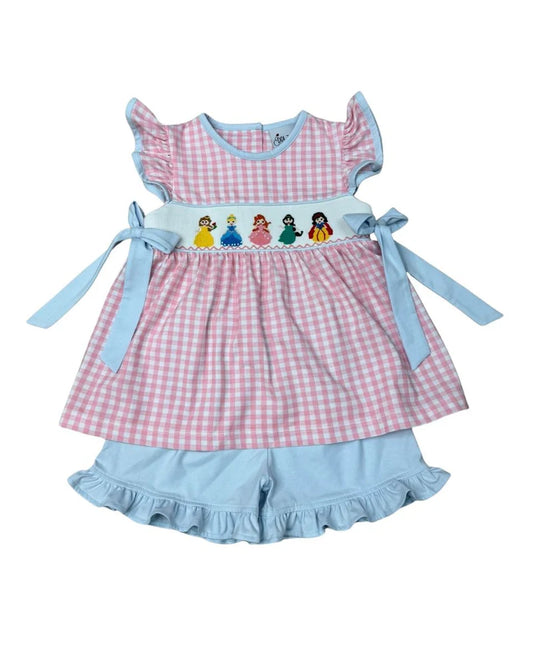 Delaney Girls Pink Knit Gingham Smocked Princess Sleeveless Short Set