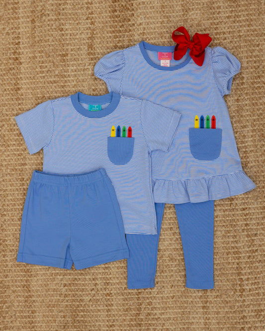 Claire and Charlie Crayon Boy's Periwinkle Stripe Shorts Set