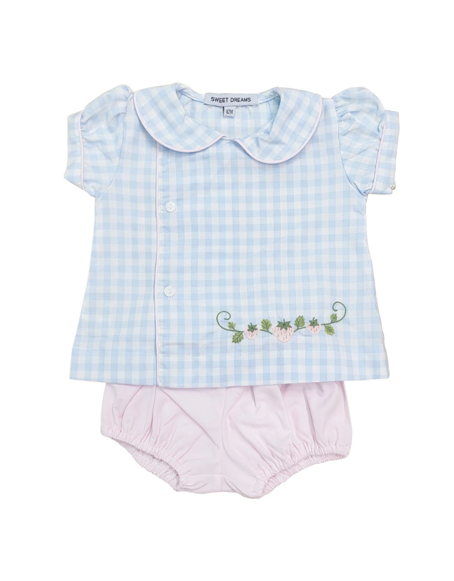 Sweet Dreams Blue Gingham Embroidered Strawberry Diaper Set