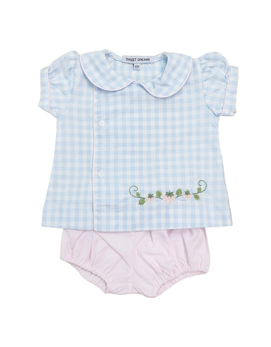 Sweet Dreams Blue Gingham Embroidered Strawberry Diaper Set
