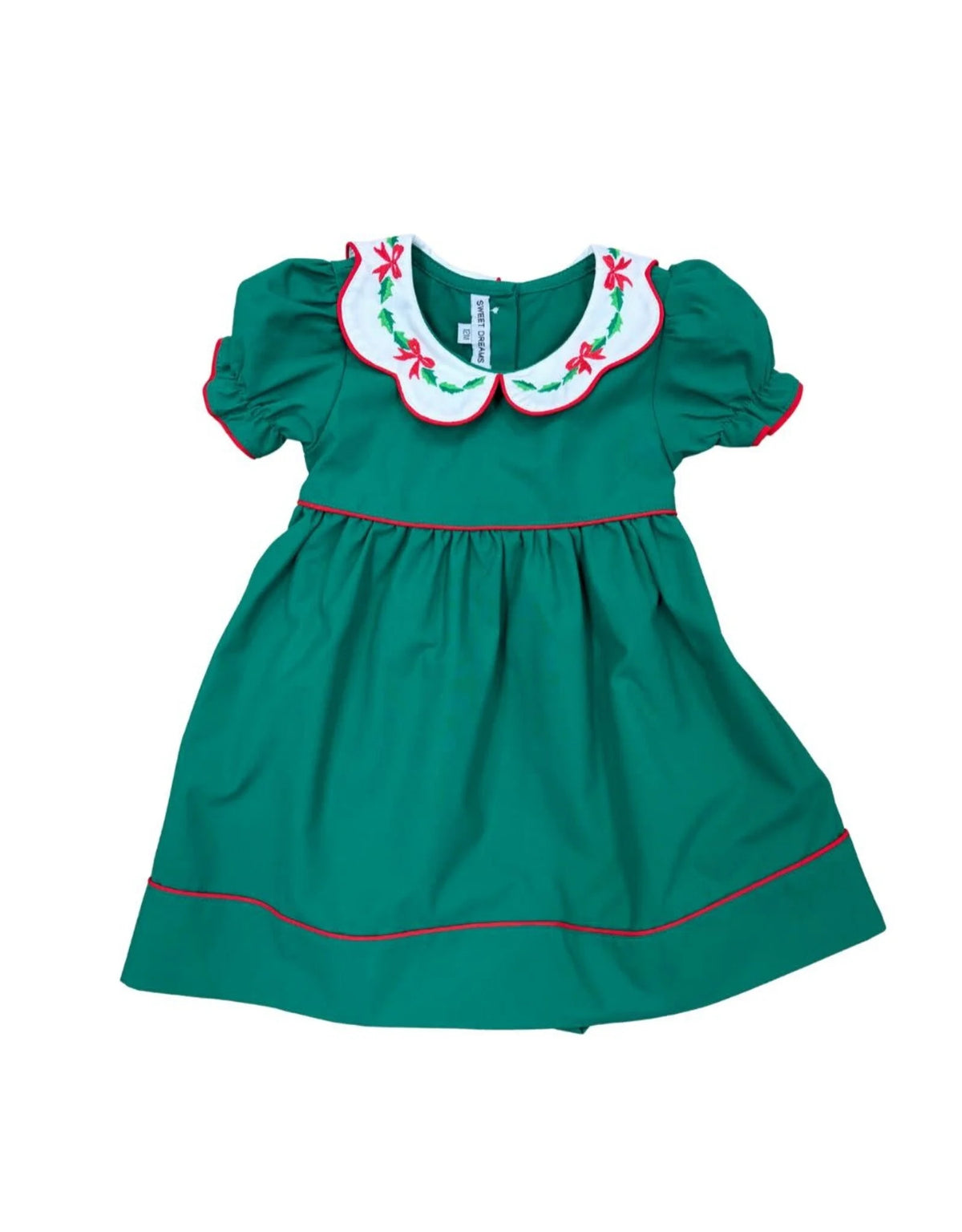 Sweet Dreams Bow and Holly Emb Scallop Collar Hunter Green Dress