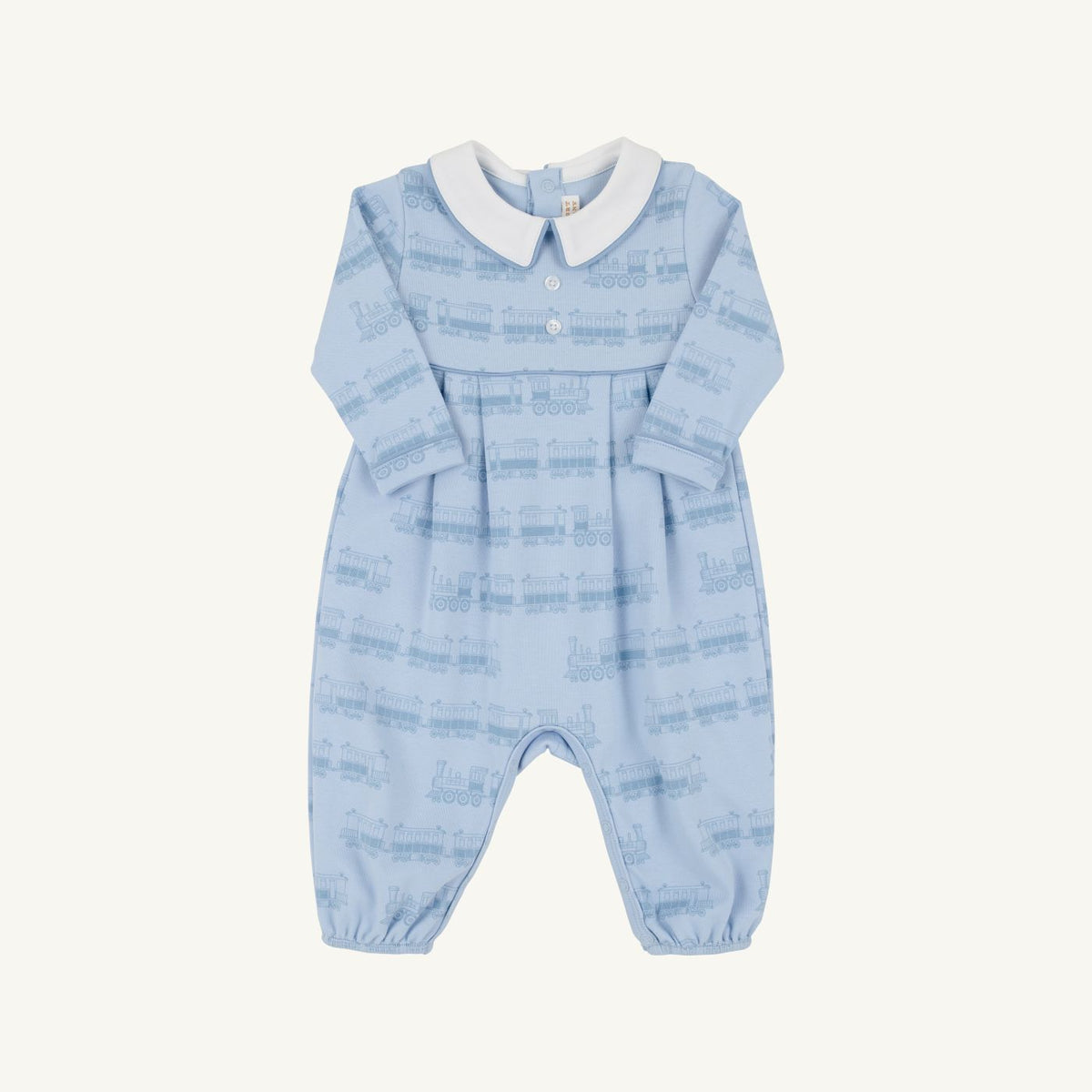 Beaufort Bonnet Long Sleeve Bradford Romper--Blue Choo Choos