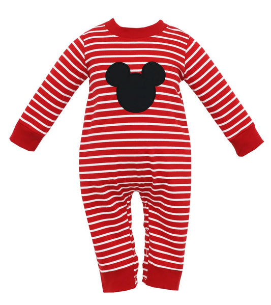 Claire and Charlie Mickey Red Knit Stripe Boys Long Romper Long Sleeve