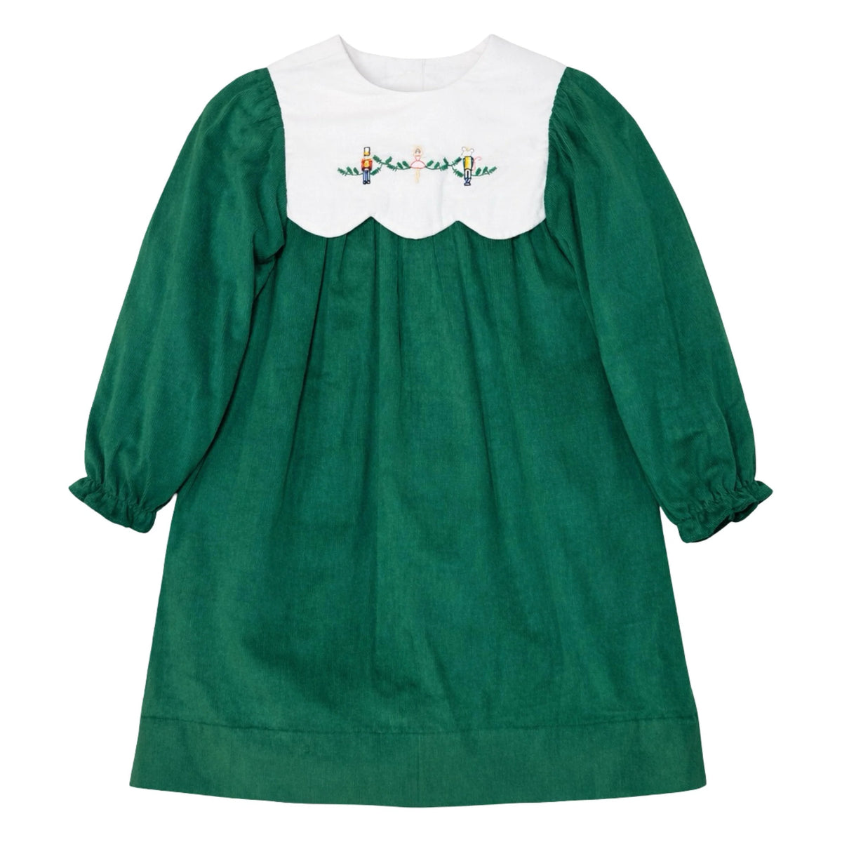 Krewe Kids Lucy Long Sleeve Scallop Dress--Green Cord Christmas Tartan Nutcracker